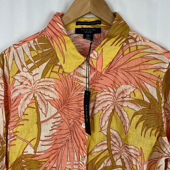Tahari Womens 100% Linen Tropical Orange/Pink Long Sleeve Button Up Shirt Size M - Picture 2 of 8